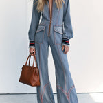 Women's Retro Frayed Edge Red Topstitching Light Blue Denim Jumpsuit