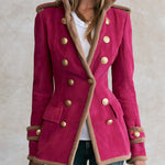 Vintage Military Hot Pink Faux Suede Shearling Trim Double-Breasted Gold Button Band Jacket