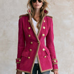 Vintage Military Hot Pink Faux Suede Shearling Trim Double-Breasted Gold Button Band Jacket