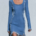 Street Chic Distressed Frayed Seam Scoop-Neck Long-Sleeve Bodycon Jean Mini Dress