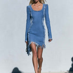 Street Chic Distressed Frayed Seam Scoop-Neck Long-Sleeve Bodycon Jean Mini Dress