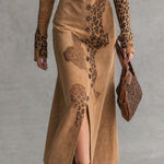 Vintage Western Faux Suede Leopard Print Button Down Long Sleeve Midi Dress