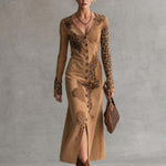 Vintage Western Faux Suede Leopard Print Button Down Long Sleeve Midi Dress