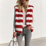 Women's Fashionable Off-white And Red Striped Faux Fur Vest