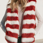 Women's Fashionable Off-white And Red Striped Faux Fur Vest