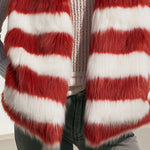Women's Fashionable Off-white And Red Striped Faux Fur Vest