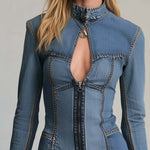 Retro Chic Patchwork Denim Keyhole Zip-Front Frayed Hem Long Sleeve Mini Dress