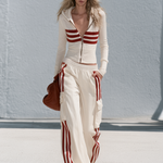 Retro Sporty Color-Block Striped Women's Track Suit Set, Zip Jacket & Pants