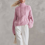 Cozy Oversized Pink Chunky Cable-Knit Turtleneck Sweater