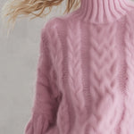 Cozy Oversized Pink Chunky Cable-Knit Turtleneck Sweater