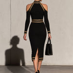 Elegant And Sophisticated Black High-neck Off-shoulder Long-sleeved Midi Dress