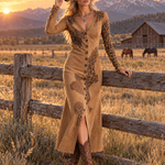 Vintage Western Faux Suede Leopard Print Button Down Long Sleeve Midi Dress