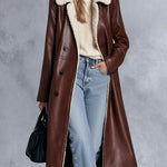 Vintage-style Fleece-collared Brown-red PU Coat