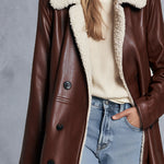 Vintage-style Fleece-collared Brown-red PU Coat