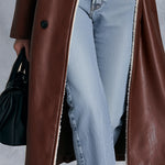 Vintage-style Fleece-collared Brown-red PU Coat