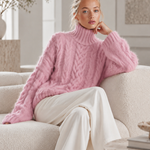 Cozy Oversized Pink Chunky Cable-Knit Turtleneck Sweater