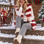 Women's Fashionable Off-white And Red Striped Faux Fur Vest