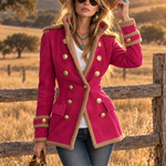 Vintage Military Hot Pink Faux Suede Shearling Trim Double-Breasted Gold Button Band Jacket