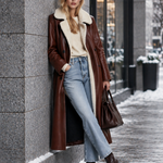 Vintage-style Fleece-collared Brown-red PU Coat