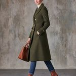 Women's Military-style Olive Green Wool Blend Double-breasted Long Coat