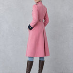 Women's Military-style Pink Wool Blend Double-breasted Long Coat
