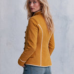 Women's Retro Woven Button Mustard Yellow Cotton Military Style Jacket