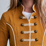 Women's Retro Woven Button Mustard Yellow Cotton Military Style Jacket
