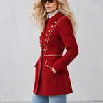 Women's Vintage Gold Button Military Style Red Wool Blend Coat
