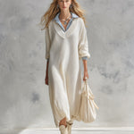 Stylish Striped Trim Cream-White Knitted Faux-Layered Midi Dress