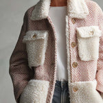 Retro Chic Pink Herringbone Wool Blend Sherpa Collar Gold Button Oversized Coat