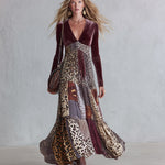 Vintage-Inspired Bohemian Animal-Print V-Neck Velvet Maxi Dress
