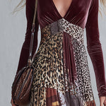 Vintage-Inspired Bohemian Animal-Print V-Neck Velvet Maxi Dress