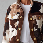 Western Cowgirl Cow Print Faux Suede Button Up Oversized Womens Trucker Jacket