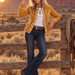 Women's Retro Woven Button Mustard Yellow Cotton Military Style Jacket