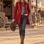 Women's Vintage Gold Button Military Style Red Wool Blend Coat