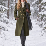 Women's Military-style Olive Green Wool Blend Double-breasted Long Coat