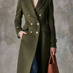 Women's Military-style Olive Green Wool Blend Double-breasted Long Coat