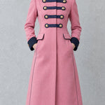 Women's Military-style Pink Wool Blend Double-breasted Long Coat