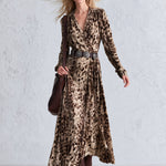 Vintage-Inspired Bohemian Leopard-Print Faux Suede V-Neck Wrap Maxi Dress