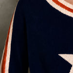Casual Retro Navy Blue One-shoulder Color-blocked Five-pointed Star Sweater