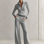 Stylish Sporty Striped Half-zip Grey Knit Top And Pants Set