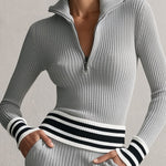 Stylish Sporty Striped Half-zip Grey Knit Top And Pants Set