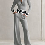 Stylish Sporty Striped Half-zip Grey Knit Top And Pants Set