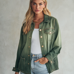 Vintage Utility Olive Green Ombre Gold Button Oversized Denim Shirt Jacket