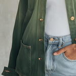Vintage Utility Olive Green Ombre Gold Button Oversized Denim Shirt Jacket