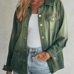 Vintage Utility Olive Green Ombre Gold Button Oversized Denim Shirt Jacket