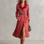 Vintage Western Red Velvet Collar Belted Button Front Denim Trench Coat