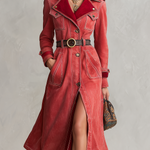 Vintage Western Red Velvet Collar Belted Button Front Denim Trench Coat