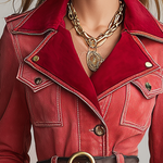 Vintage Western Red Velvet Collar Belted Button Front Denim Trench Coat