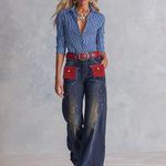 Vintage Western Red Suede Pocket Dark Wash High Rise Wide Leg Jeans
